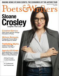 Writer Sloane Crosley, a white woman with dark brown hair and glasses, stands with crossed arms against a white background. She wears a gray blazer draped over her shoulders and a white pinstriped shirt. There is an orange Poets & Writers logo over her head and magazine headlines to her left.